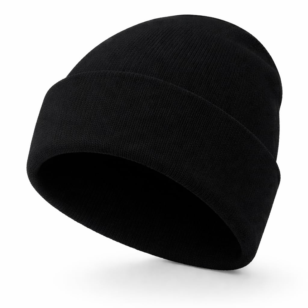 Ws Uk Unisex Kids Black Kids Beanie Hat - Slouch Winter Woolly Turn Up Knitted (Black)