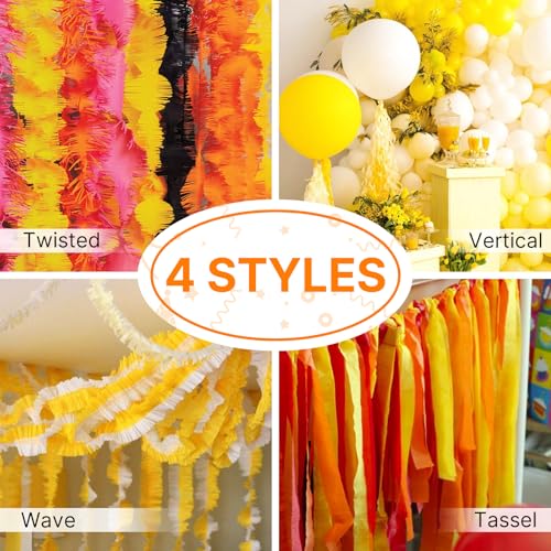 Image of PartyWoo Yellow Crepe Paper Streamers 6 Rolls 492 ft Pack of Pastel Yellow Orange Crepe Paper for Graduation Little Cutie Sunflower Birthday Party Decorations (1.8 Inch x 82 Ft /Roll)