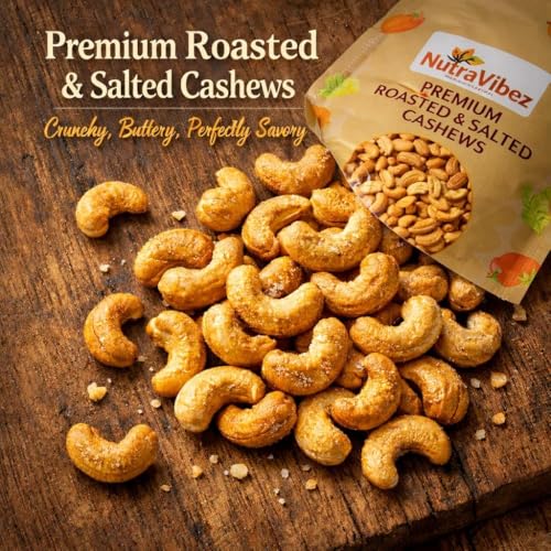 Image of NutraVibez Roasted Salted Cashews 200g Crunchy Whole Kaju Nuts Roasted Dry Fruits Snack Pack Ready to Eat Salted Cashew Nuts for Travel Office Home Kitchen Grocery Use