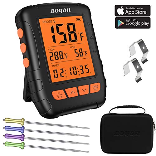 BOYON Meat Thermometer Waterproof, APP Controlled Bluetooth Thermometer with 4 Stainless Steel Probes