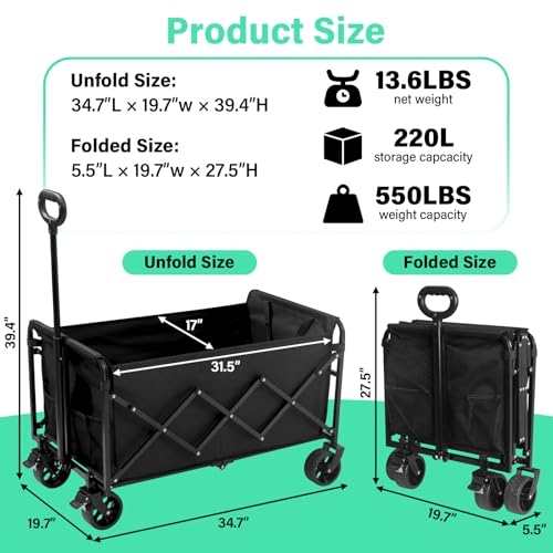 Image of Upgraded Heavy Duty Foldable Wagon - 550LBS Capacity, All-Terrain Wheels & Brakes, Large Collapsible Cart for Beach, Camping, Grocery & Sports (Black)