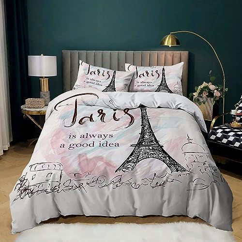 XCQHZYQ Housse de Couette 240x260 cm Ado Adulte Parure de Lit Romantic Paris, Housse de Couette en Microfibre Décor de Chambre Ensemble de Literie avec 2 Taies...