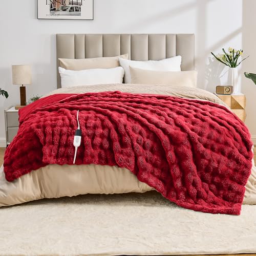 Heated Blanket Electric Throw Blanket 62''X 84''-Heating Blanket with 6 Heat Settings-10 Hours Auto Off,Cozy Faux Rabbit Fur Bubble Electric Blanket,Red