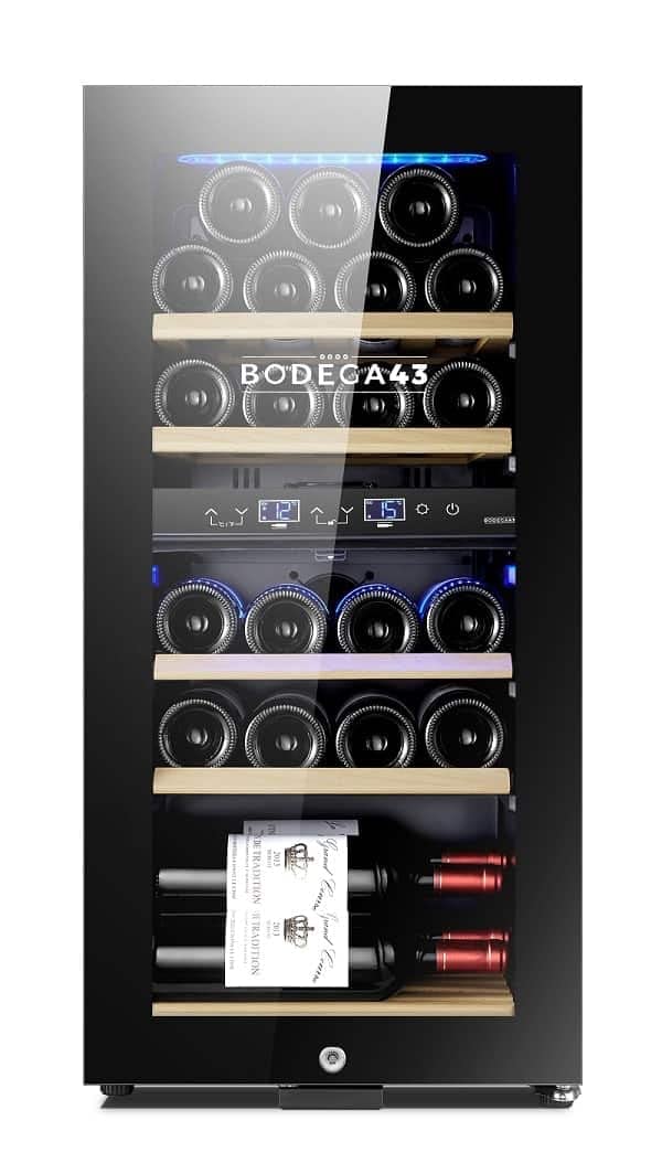 BODEGA43-22 Weinkühlschrank klein - Weinkühlschrank 2 Zonen, 22 Weinflaschen, 5-20 ºC, 60 Liter, Geräuscharm (41 dB), 5 Schubladen aus Buchenholz, Kompressor mit Lüfterkühlung