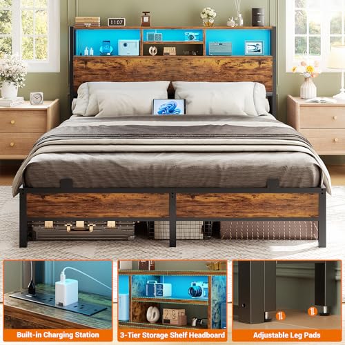 Image of Aheaplus Headboard for Full Size Bed with Storage, Headboards with Outlets | Full Size Head Board Only, USB Ports and LED Light, Height Adjustable, Reversible, Sturdy & Stable Headboard, Rustic Brown