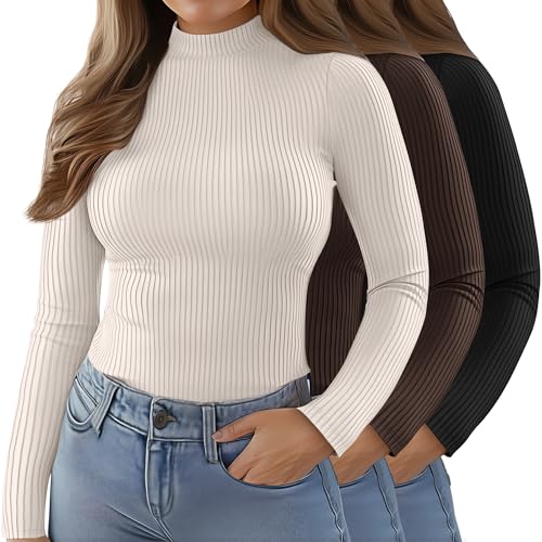Riyiper 3 Pack Women's Ribbed Plus Size Mock Turtleneck Tops, Long Sleeve Slim Fit T-Shirts Pullover Sweater Basic Layer Top