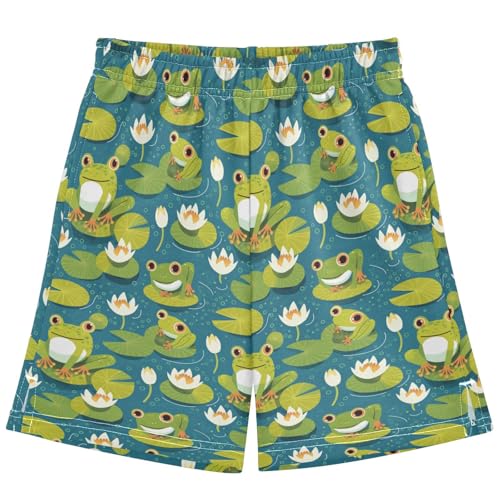 Boys Athletic Shorts with Pockets Cartoon Green Frog Running Basketball Shorts for Youth Elastic Waist Size 7-8