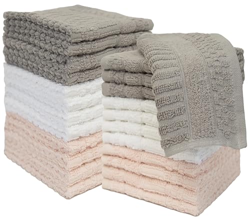 Image of PH Pleasant Home Diamond Wash Cloths Set - 12 Pack (12 inch x 12 inch) - 509 GSM - 100% Ring Spun Cotton Wash Cloth - Super Soft and Highly Absorbent Face Towels (Light Grey, White & Pink)
