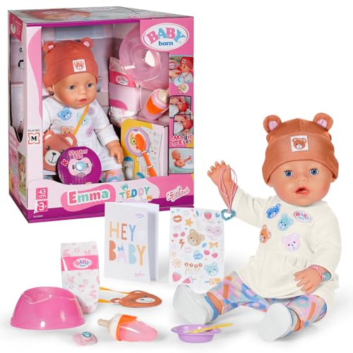 Baby Born Emma in Teddy Style, 43 cm Tall Baby Doll with 10 Functions and Accessories with Cuddly Bear Romper for Children Aged 3 Years and Over, Works Without Battery