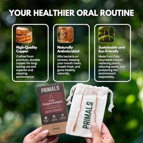 Image of PRIMALS Copper Tongue Scraper - Fresher Breath & Improved Oral Health - Natural Ayurvedic Cleaner for Daily Detox - Rust-Resistant, Eco-Friendly with Travel Cloth Pouch Included (1 Count)