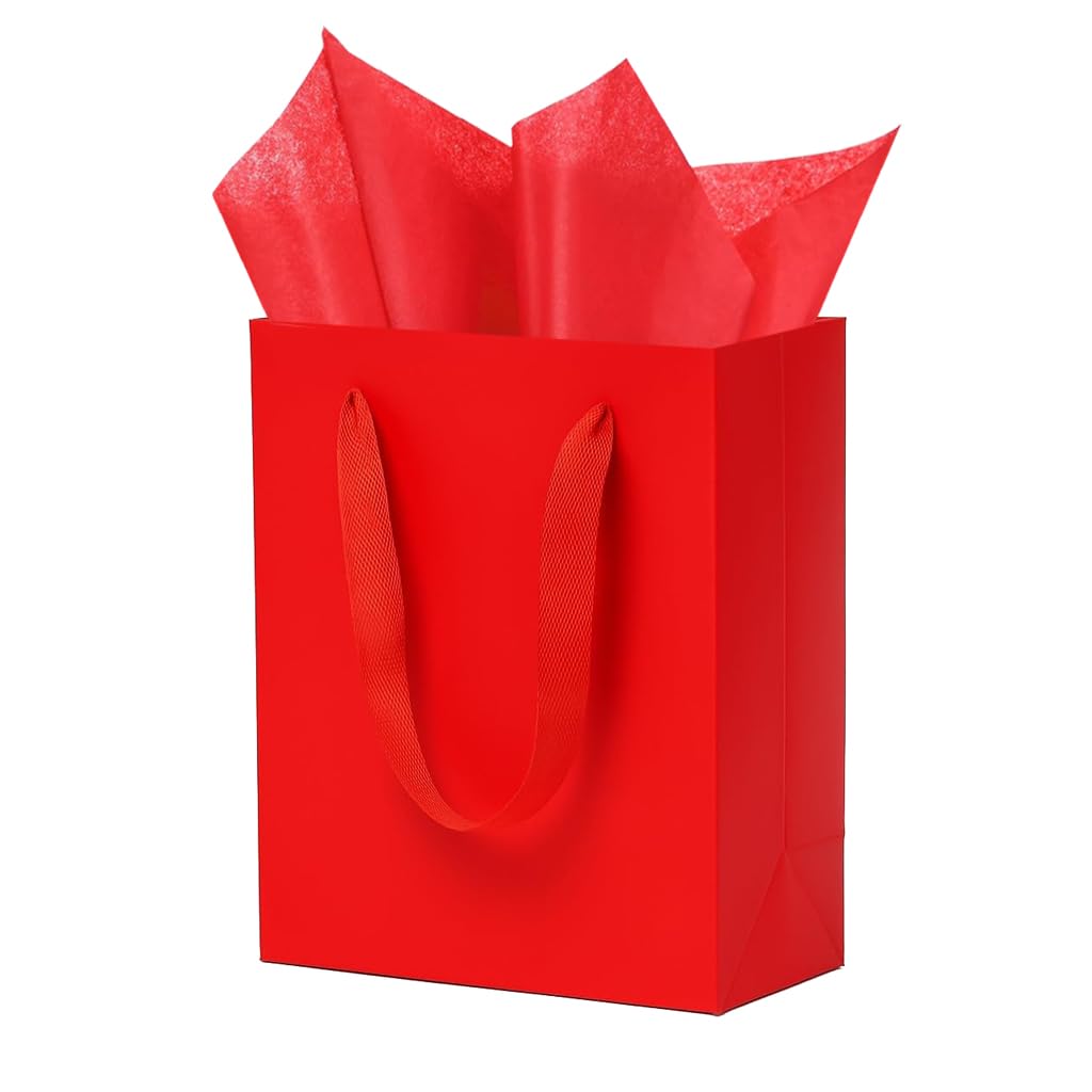 Aosric Red Gift Bags with Tissue Paper, 12 Pack 6x3x7.5 In Square Reusable Goodie Bag for Christmas Gifts, Halloween Treats, Wedding, Baby Shower, Birthday Party Favor, Return Gifts