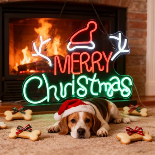 Image of Merry Christmas Neon Sign | Holiday Wall Decor，Santa Hat Design, Reindeer Antlers Design,16.5 inch x 12.6 inchIN