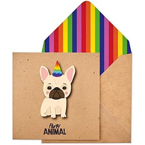 Tache Party Animal Frenchie Handmade Greeting Card with Rainbow Envelope, 031 Cover