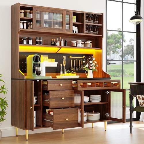 LAKFEW Armario Cocina Aparador Alto con LED y Botellero Extraíble, Alacena de Cocina con Placa de Orificio y 3 Cajones, Aparador Cocina con Puerta Cristal y Almacenaje, 145x39x171 cm, Color Nogal