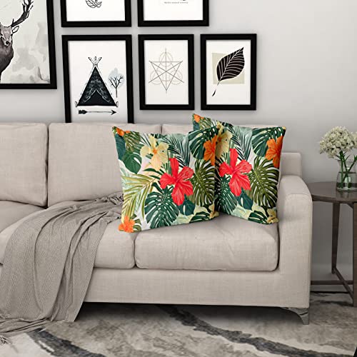 Summer Tropical Leaf Pillow Cover Set Of 2 Hawaiian Monstera Palm Leaves And Floral Cotton Decorative Throw Pillow Case Cushion Cover For Bedroom Sofa Living Room Couch Chair Office 18 X 18 Inch #TOP5
