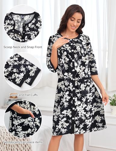 Image of Bloggerlove House Dress Women Cotton Snap Front Nightgown 3 /4 Sleeve Housecoat Duster Robe with Pockets Moomoo Patio Dress