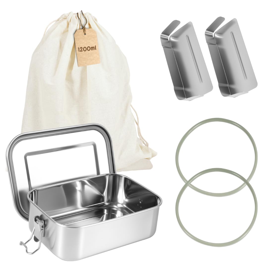 KiwiPower® Brotdose Edelstahl 1200ml mit Fächern & Trennwand, Auslaufsichere Lunchbox für Kinder & Erwachsene, Bento Box Metall, Nachhaltige Jausenbox wiederverwendbar mit Baumwollbeutel