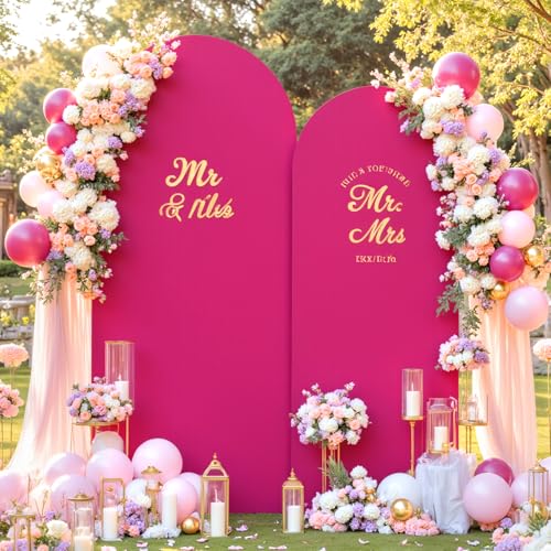 Image of Hot Pink Arch Cover 2 Set-7.2FT, 6FT Arch Backdrop Cover Spandex Fitted Wedding Arch Stand Covers for Bridal Shower Baby Shower Birthday Party Ceremony Banquet Photo Background Decorations