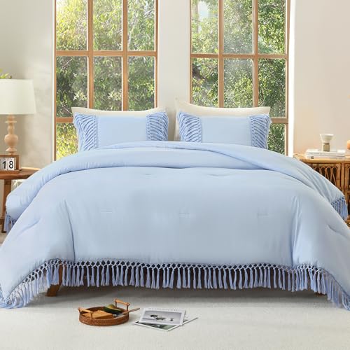 Image of Andency Comforter King Size Set Light Blue, 3 Pieces Boho Tassel Lightweight Fluffy Bedding Comforters & Sets, Soft All Season Bed Set (104x90In Comforter & 2 Pillowcases)