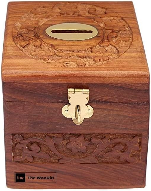 Wooden Sheesham Wood Handmade Money Bank with Lock Piggy Bank Wooden Box for Kids and Adults 4 x 4 inch with Carved Work Best Gift Item Kids (Squair Shape)