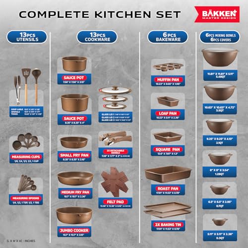 Bakken-Master-38-Piece-Granite-Cookware-and-Bakeware-Set–Nonstick-Granite-Coating-Pots-and-Pans-with-Detachable-Handles-and-Tempered-Glass-Lids-6-piece-Bakeware-set-12-piece-Mixing-BowlsBrown Bakken Master 38 Piece Granite Cookware and Bakeware Set–Nonstick Granite Coating Pots and Pans with Detachable Handles and Tempered Glass Lids 6 piece Bakeware set 12 piece Mixing BowlsBrown