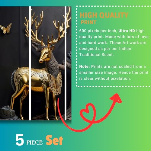 Image of Golden Deer Wall Painting Set of 5 | MDF Wall Art with Sparkle Lamination | Big Size Vastu Deer Painting for Wall Decoration | Home Decor & Wall Decor for Living Room, Bedroom, and Office