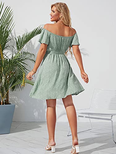 Image of Off Shoulder Ruffle Dress for Women, A-Line Mini Dress with Belt, Fitted Bust Summer Wedding Guest Dress