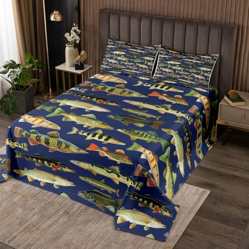 Feelyou Bass Fish Bedspread King Size Fishing and Hunting Coverlet Set for Kids Boys Girls Rustic Cabin Country Quilted Coverlet,Microfiber