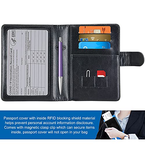 Kingmas Passport Holder Cover, Vaccine Card Holder Rfid Blocking Travel Passport Wallet Leather Case For School Bussiness Trip Travel And Go Abroad (Black, Magnetic Buckle) #TOP5