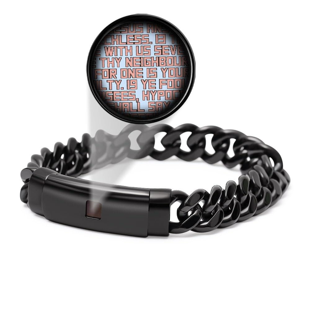 Shlama Nano Bible Bracelet for Men - Black Coated Heavy Stainless Steel Cuban Chain with KJV New Testament Scriptures - Christian Faith Jewelry Gift for Dad on FatWomen's Day