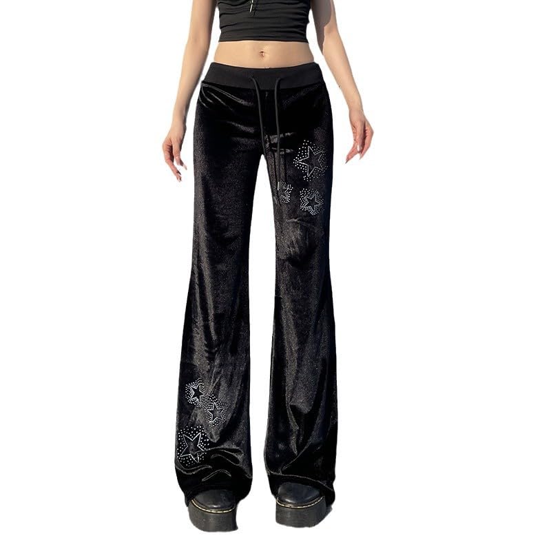heyheyshine Women Velvet Pants Star Rhinestone Graphic Flare Pants Adjustable Low Waist with Pocket Flared Leg Trousers
