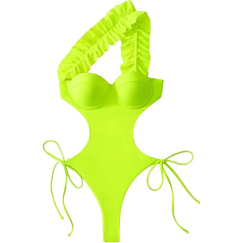 WDIRARA Women's Ruffle Trim Tie Side One Shoulder Backless One Piece Swimsuit