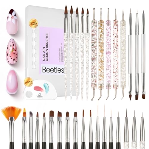 Beetles Nail Art Brushes 31pcs with Case - Confetti Nail Art Pens Daul Ended Dotting Tools Striping Liner Brushes for 3D Flower Sculpting Tools Palette Holder DIY Home Salon Manicure Design Set