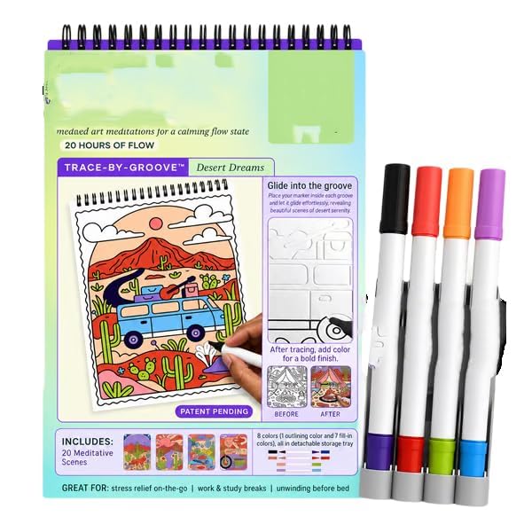 Trace‑By‑Groove Guided Flow Art Coloring Pad, Double‑Sided Markers Included