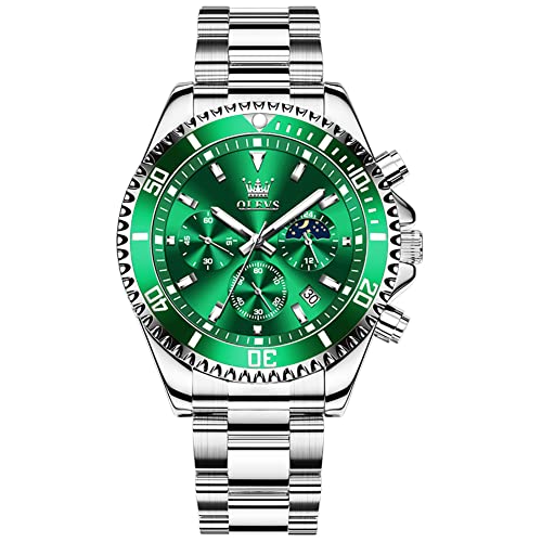 OLEVS Uhren Herren Silberne Edelstahl Mit Grünem Ziffernblatt Analog Quarz Uhr Multifunktional Chronograph Stilvolle Armbanduhr Herren Luxus Classic Leuchtend Wasserdicht mit Datum Herrenuhr