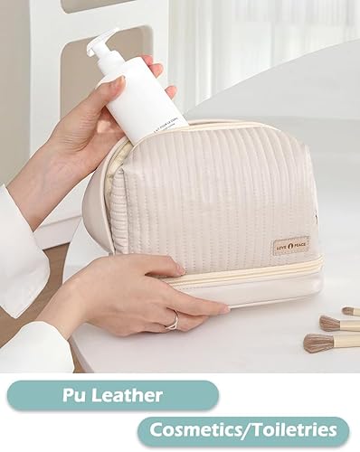 Miniatura 6 de Bolsa de maquillaje portátil de doble capa de viaje para mujer, organizador de cuero PU impermeable, Azulclaro