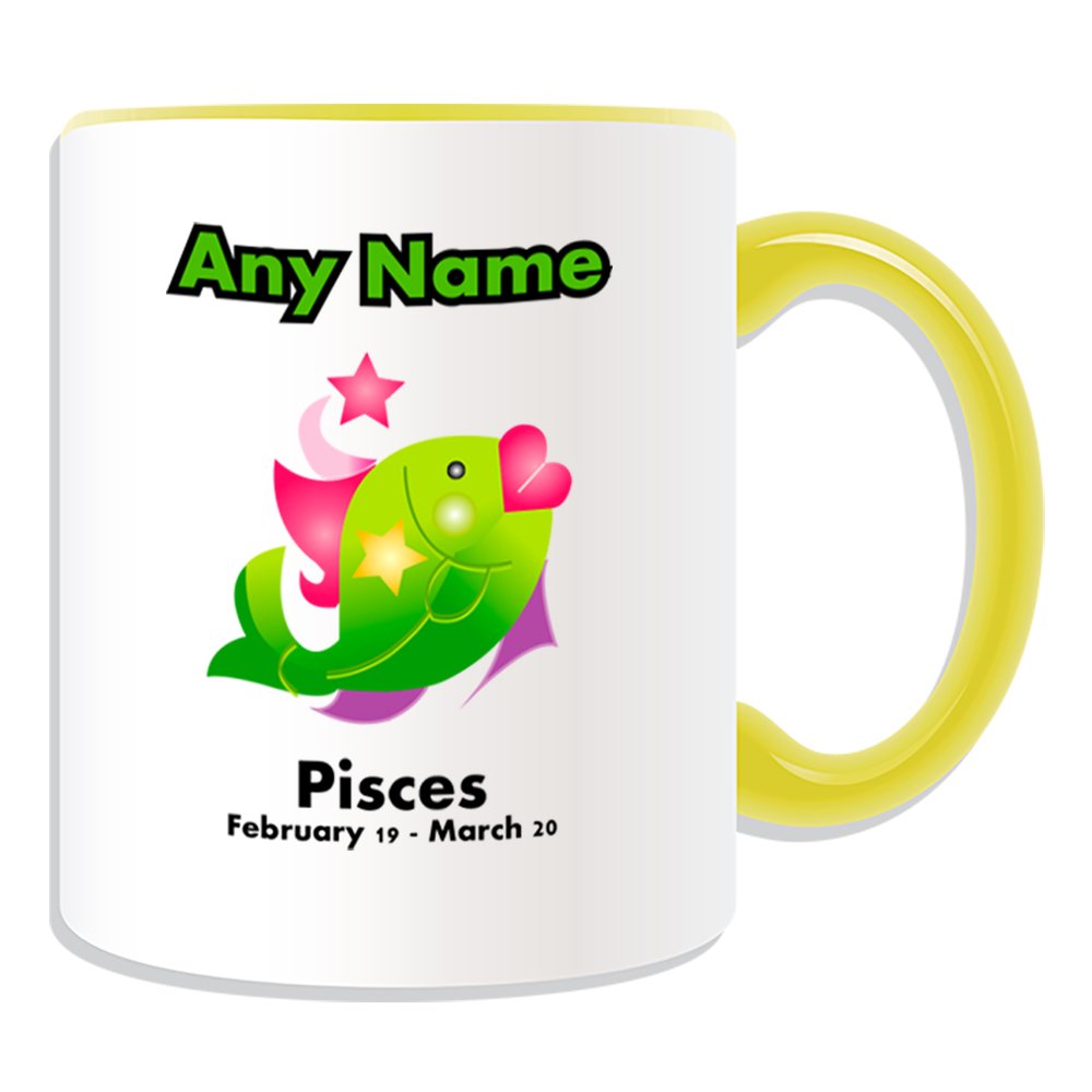 Regalo personalizzato – Pisces tazza, motivo: zodiaco, vari colori disponibili, qualsiasi nome/messaggio personalizzato – Astrology Astrological Star Sign Symbol Fish febbraio 19- March 20, Ceramica, Yellow