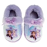 Disney アナと雪の女王 エルサとアナ ガールズ スリッパ - フラシ天 滑り止め 快適 ふわふわ 軽量 暖かい 快適 ソフト アライン 屋内 家 スリッパ (幼児/小さなお子様), パープル グリッター, 11-12 US Little Kid