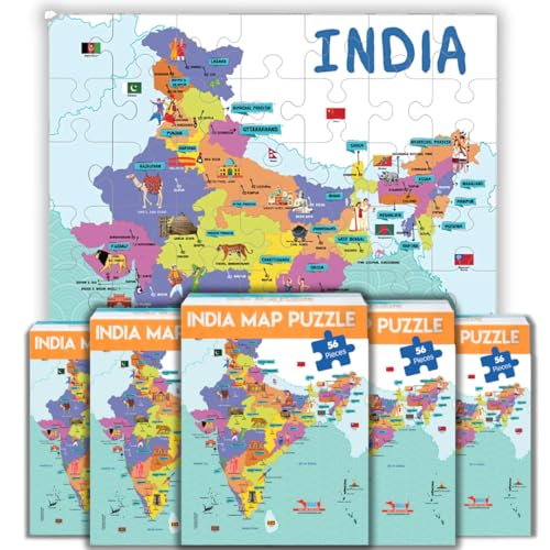 Image of CocoMoco India Map Jigsaw Puzzle for Kids 56 Pieces - 5 pcs Combo Pack for Birthday Return Gifts - Reversible Puzzle with States, Educational Toy for 2-7 Years