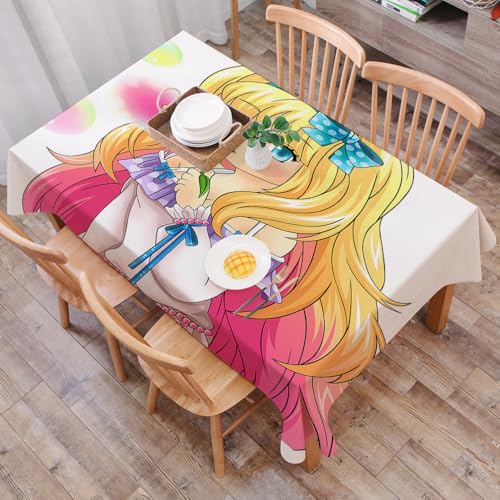 DALEXHM Tischdecke Abwaschbar Rechteckig 137x183 cm Tischtuch Tafeldecke Kratzfest aus Polyester Leicht zu pflegen für Küche,Party,Anime, süßes Manga-Mädchen bläst Seifenblasen in japanischer Kunstmalerei