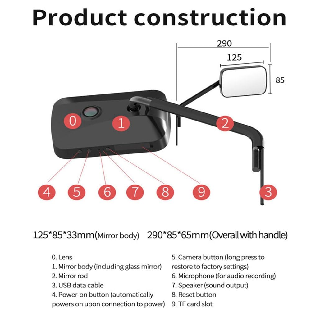 Dashcam per Moto 2K HD Hotspot Mobile Specchio Retrovisore Alimentato da USB Telecamera Panoramica per Sport All'Aperto Azione