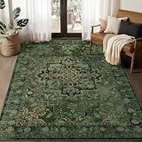 Jainmy Vintage Dark Green Area Rugs 5x7 for Living Room, Tranditional Distressed Medallion Printed Low Pile Thin Rugs for Bedroom, Non Slip Washable Carpet Rugs for Dining Room/Kitchen/Home Office