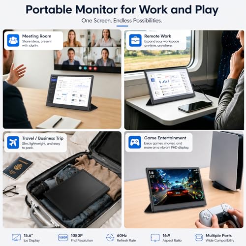 Image of 15.6 inch Portable Monitor for Laptop, External Monitor with HDMI Type-C, Eye Care,Ultra Slim Travel Screen for Laptop Phone PS4 /5 Xbox Switch, Ideal for Soccer Game Day Watch Party