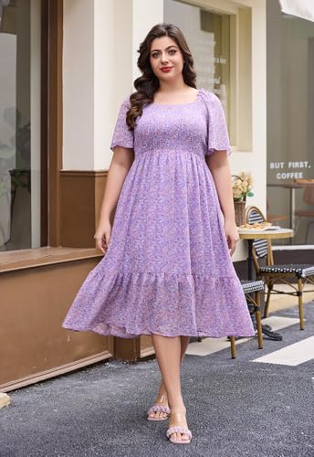 Image of Keluummi Plus Size Wedding Guest Maxi Dresses for Curvy Women, Summer Casual Boho Floral Smocked Empire Waist A Line Sundress