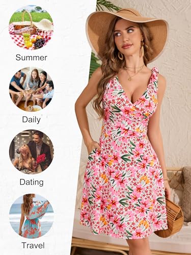 Image of HUHOT Women's Summer Floral Sundress 2025 Sleeveless Tie Shoulder V Neck Flowy A-line Elastic Waist Ruffle Mini Dresses