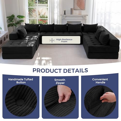 Image of MAXYOYO Modular Sectional Sofa Couch, Foldable Oversized U Shaped Cloud Couch with Pillows, Tufted Boneless Lounger Floor Sofa Bed for Living Room, No Assembly Required, Black