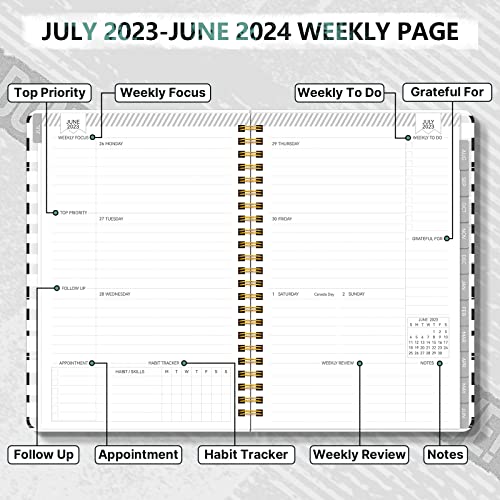 Getink Academic Year Planner 2023-2024 Daily Weekly And Monthly Agenda, July 2023-June 2024, A5 Hardcover Calendar 2023 Planner Notebook With 12 Monthly Tabs, Inner Pocket 8.4”×6.1” Black Stripe #TOP3