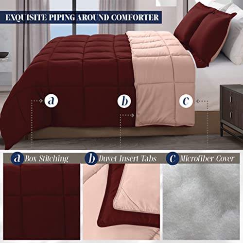 Image of Elegant Comfort 3-Piece Reversible Comforter Set, All Season Cozy, Soft Down Alternative, Quilted - Box Stitched - Duvet Insert with 4 Corner Tabs, Comforter with Shams, Full, Burgundy /Dusty Rose