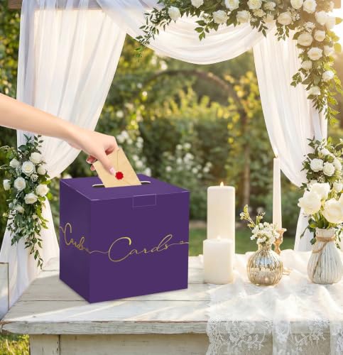 Image of HEIPINIUYE Purple Wedding Card Box with Gold Foil 9.8 inch x 9.8 inch Purple Large Gift Card Box for Party Wedding Reception Graduation Birthday Baby Shower Cardboard Raffle Envelope Box with Slot