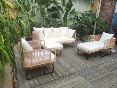 DRX Metal Outdoor 6 Seater Beige Rope Sofa Conversation Set with Ottomans and White Washable All Weather Waterproof Cushion Covers for Garden, Pool, Deck, Backyard, Lawn, Terrace DRX Metal Outdoor 6 Seater Beige Rope Sofa Conversation Set with Ottomans and White Washable All Weather Waterproof Cushion Covers for Garden, Pool, Deck, Backyard, Lawn, Terrace